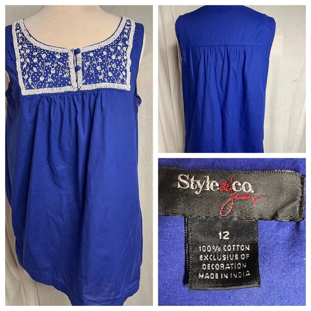 Style & Company Jeans Baby Doll Tank 12 Royal Blue Cotton Beaded Cotton